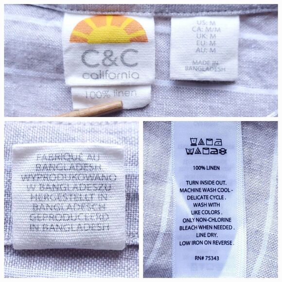 C&C California 100% Linen Top Sz M Taupe Striped Lagenlook Minimalist Coastal - Picture 4 of 8